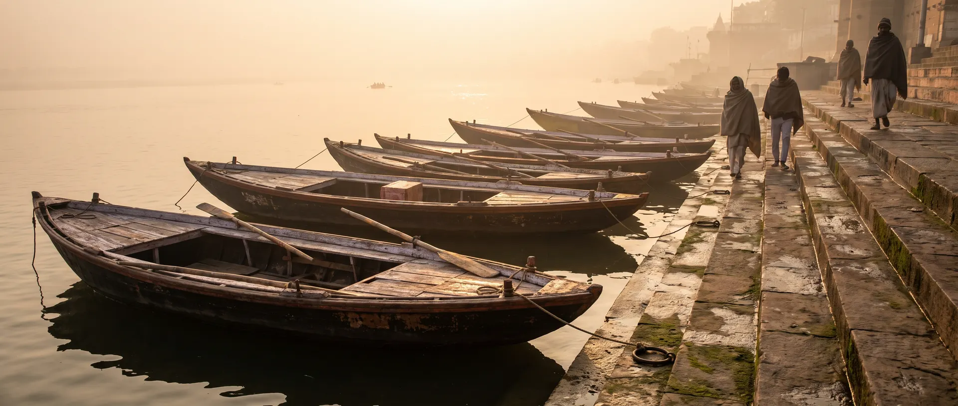 Rowing boats moored at the riverbank, early morning