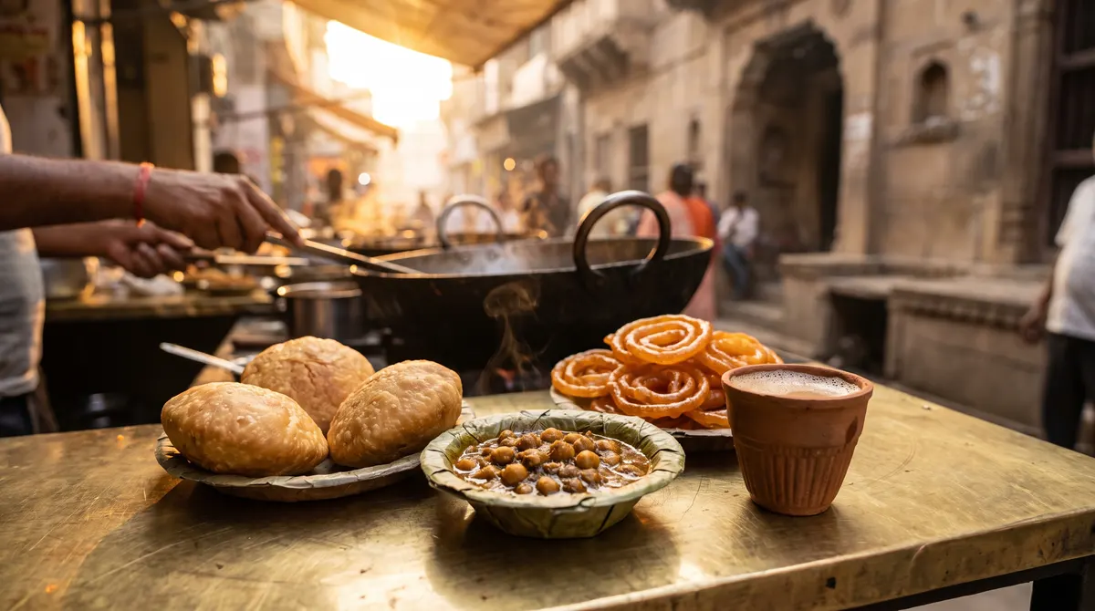 Kachori with sabzi in a leaf bowl, jalebis and kulhad chai on a brass counter