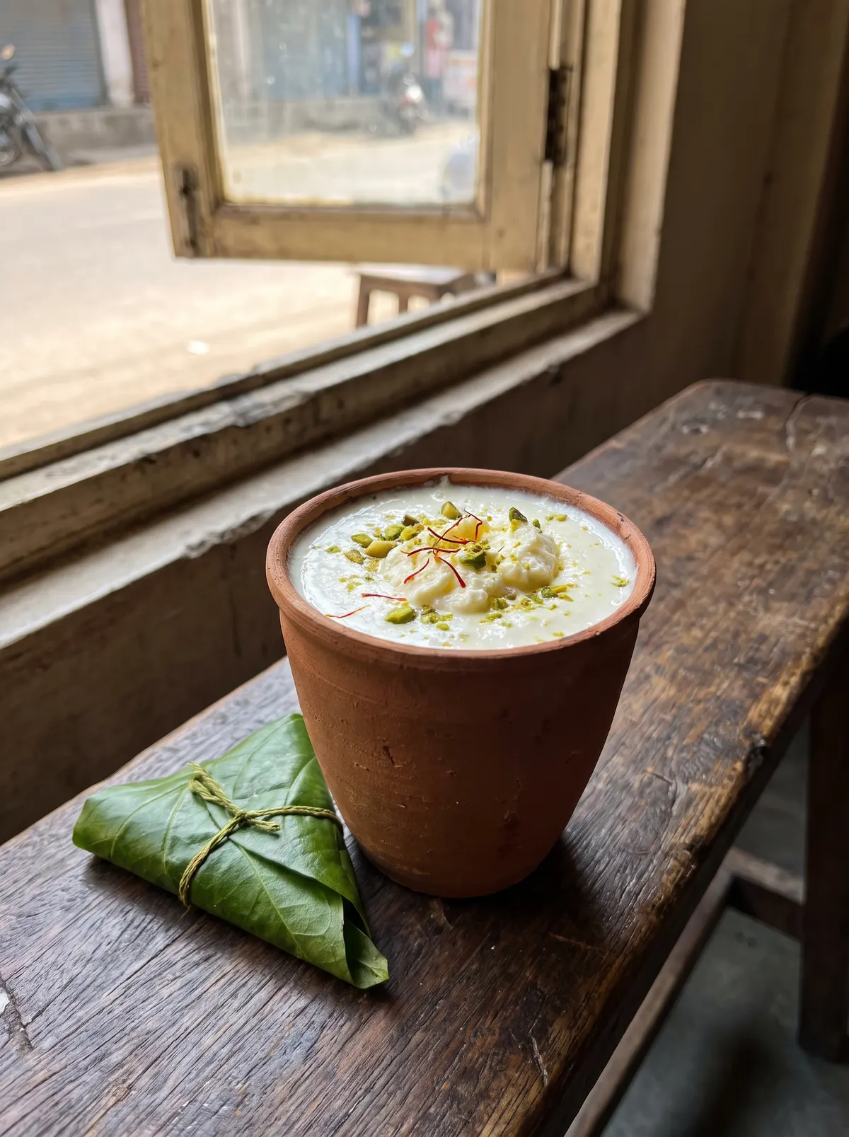 Malai lassi in a clay kulhad topped with cream, saffron and pistachio