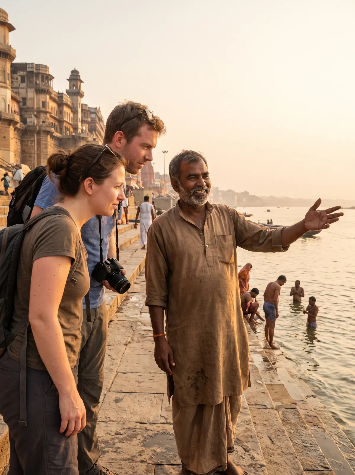 Local guide explaining the ghats to two travellers, morning light