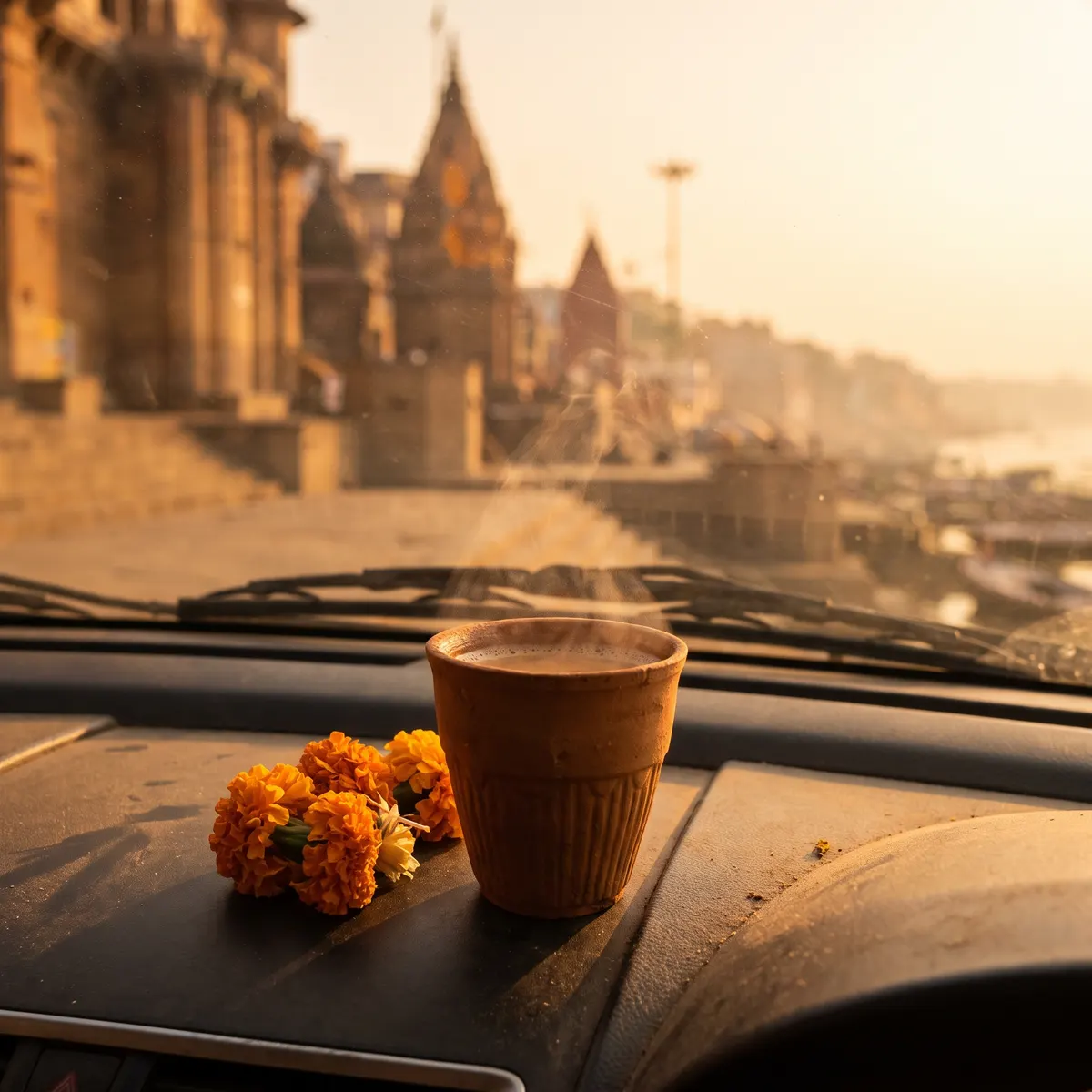 Kulhad chai and marigolds on the dashboard, ghats at dawn through the windshield