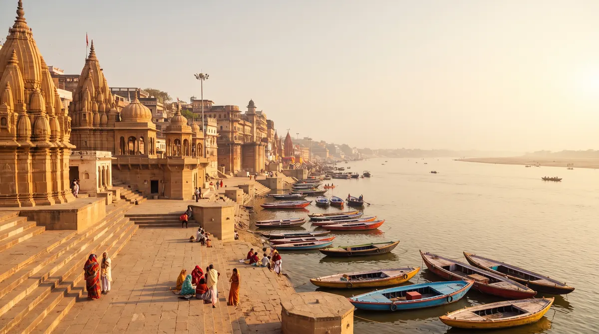 Boats moored near the ghats at midday