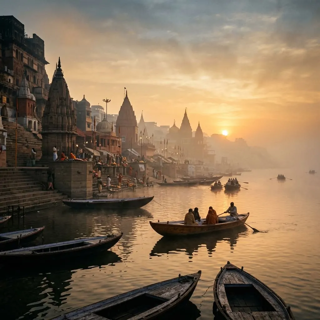 Dawn over the Varanasi ghats, boats on the misty Ganga