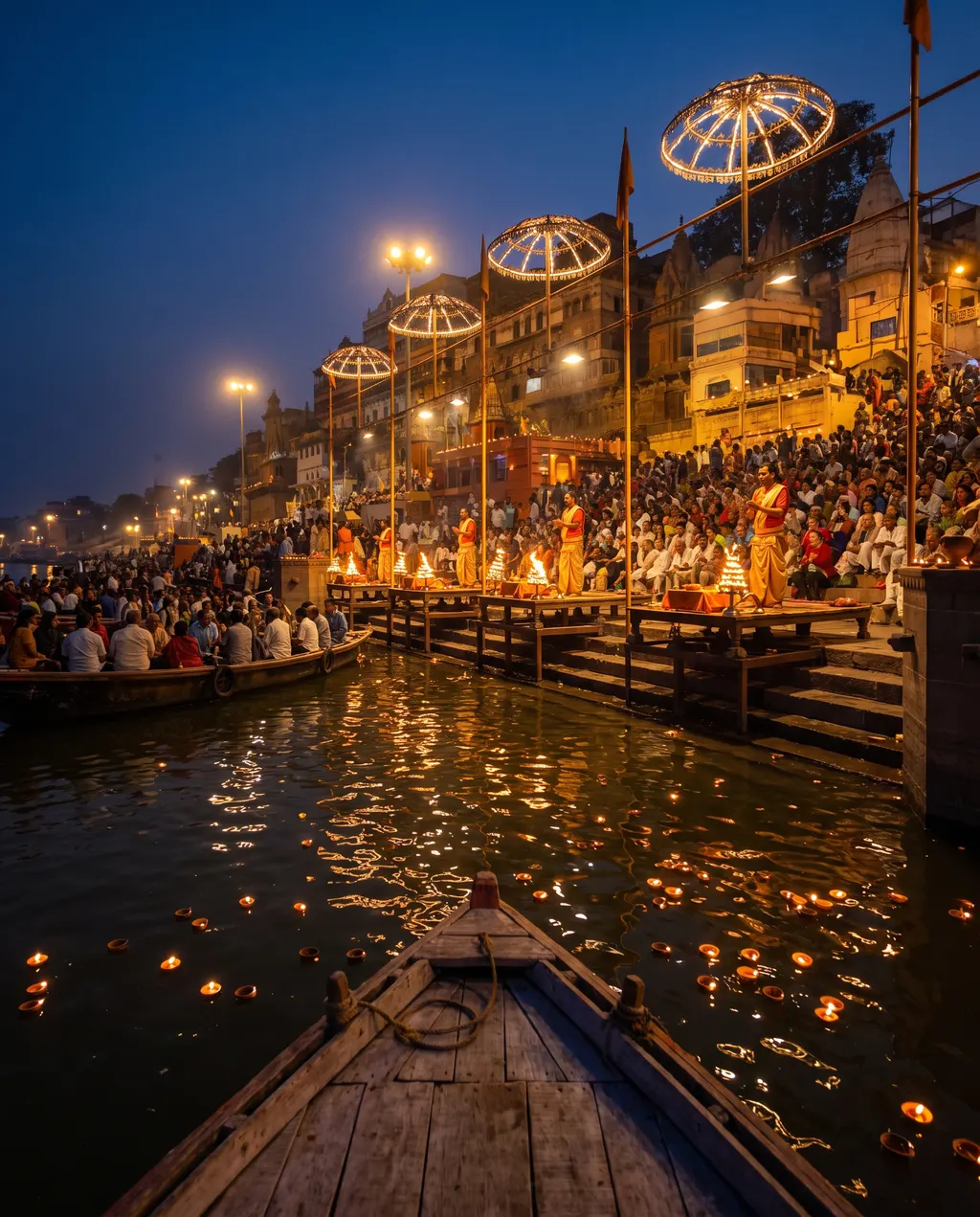 Crowds filling the steps at Dashashwamedh Ghat for the evening Ganga aarti, seen from a boat on the river
