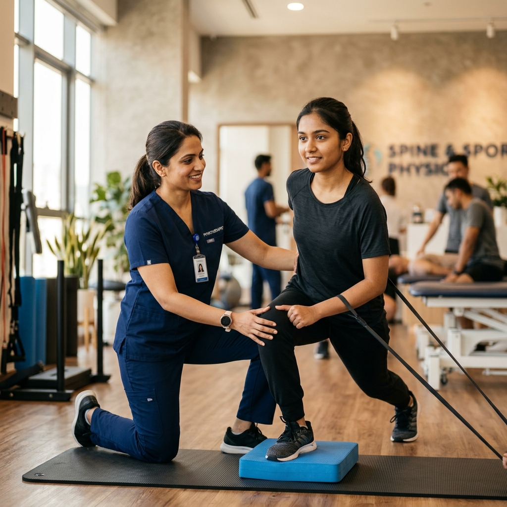 Indian physiotherapist guiding a patient through movement assessment